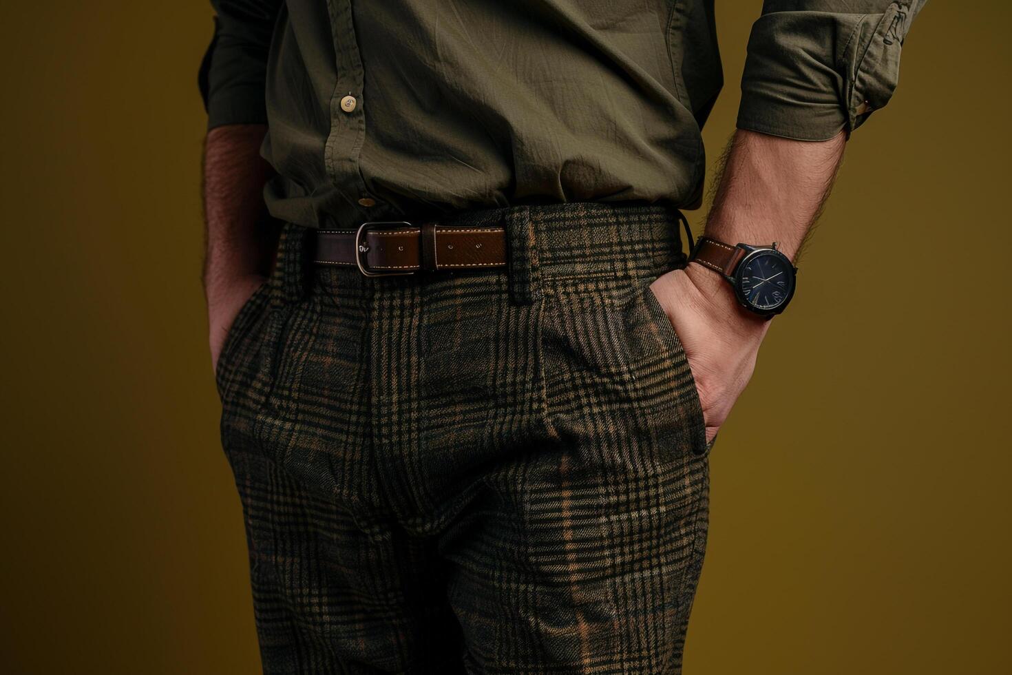Stylish male fashion model dressed in slim fit pants male dress with aolive green male background emphasizingportrait fashion and lifestyle Males characteristics photo