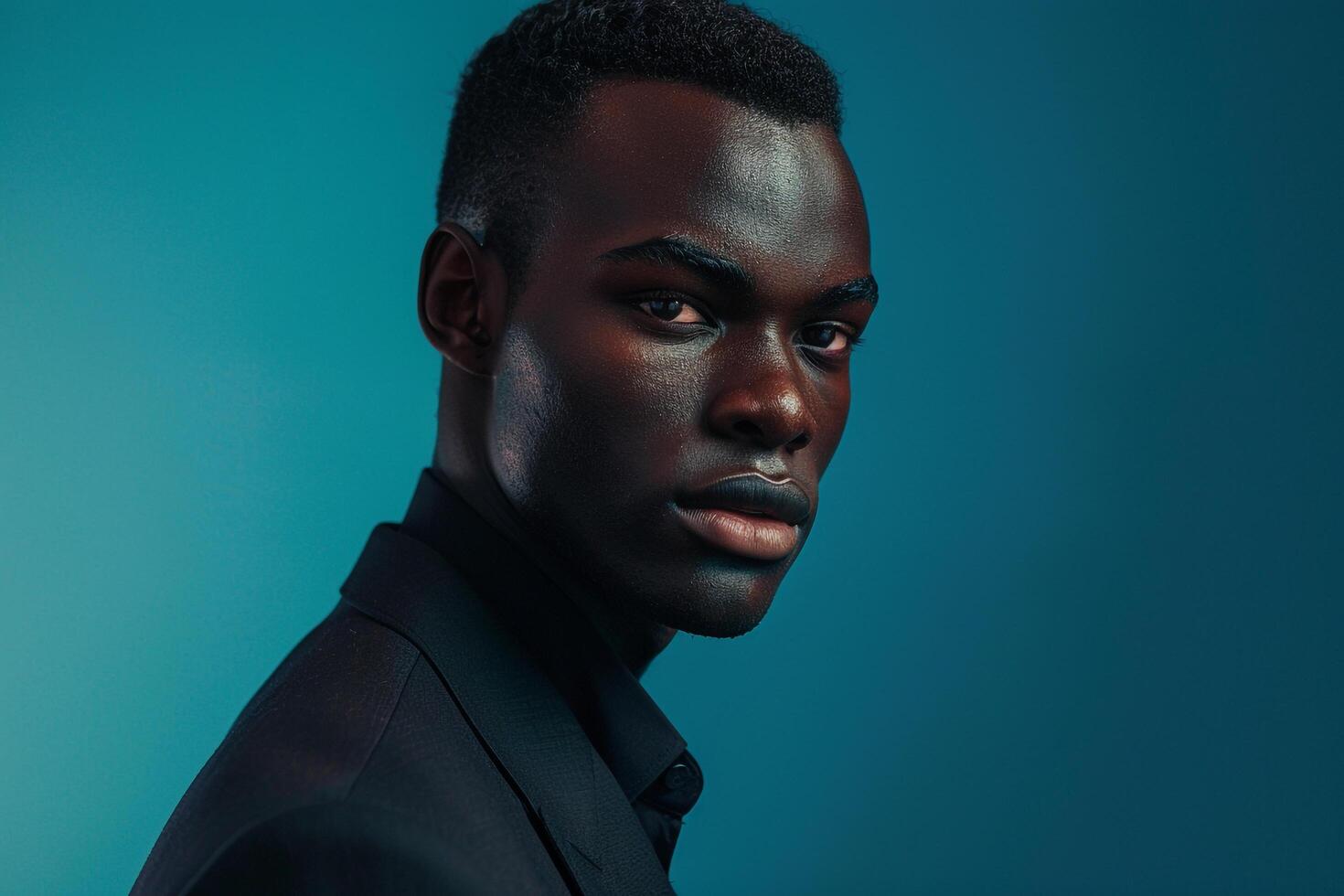 Fashionable male fashion model in a slim fit blazer male dress with ateal blue male background showcasinglifestyle Males and portrait fashion style photo