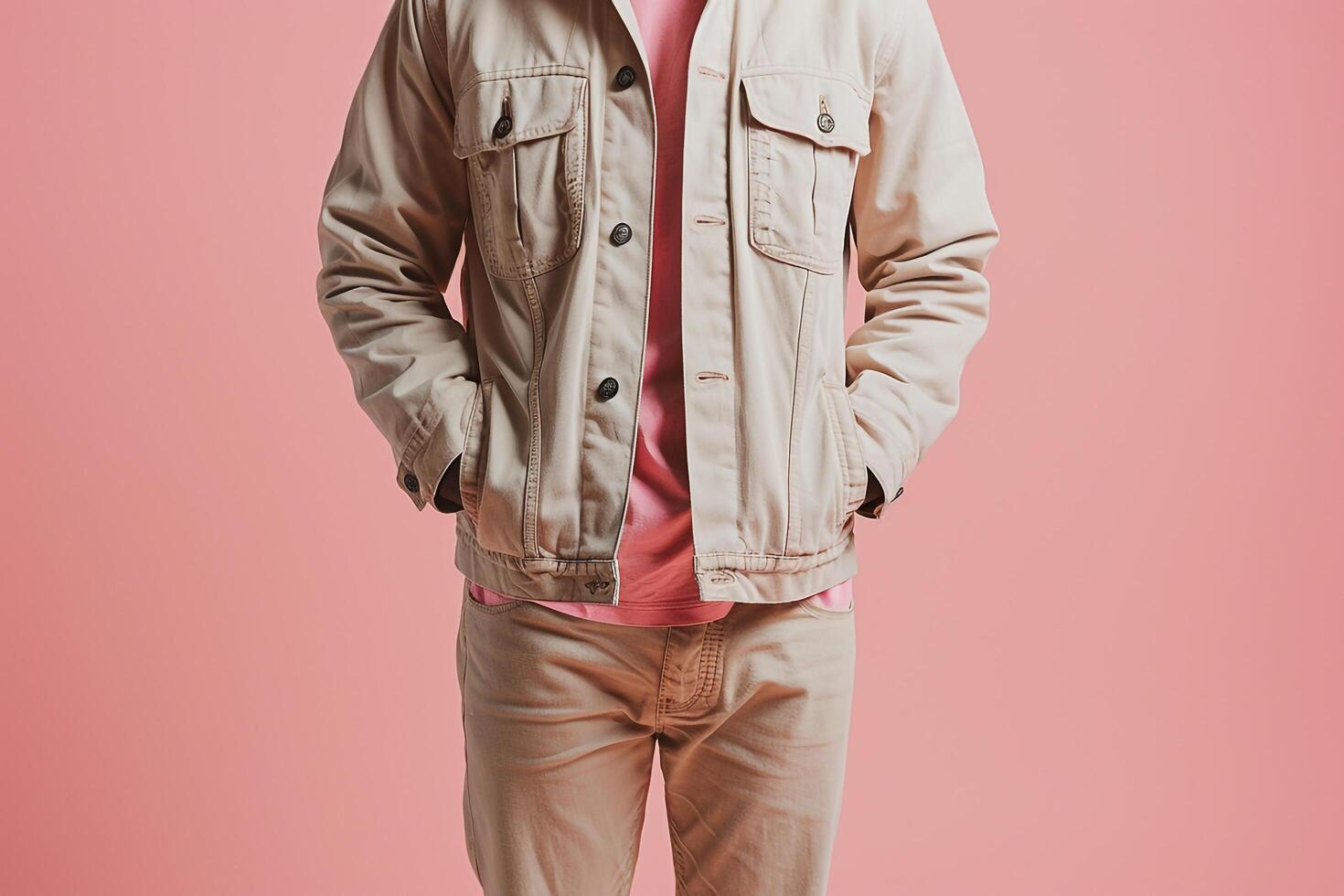 Handsome male fashion model wearing a jacket male dress with asoft pink male background capturinglifestyle Males and portrait fashion characteristics photo