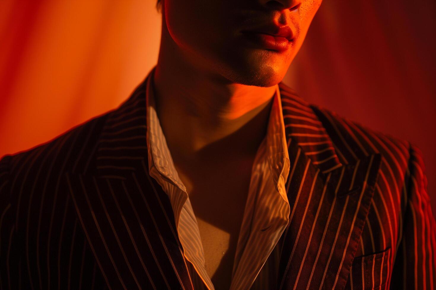 Trendy male fashion model in retro blazer classic pinstripe male dress male backgroundlifestyle Males and portrait fashion style showcasing a stylish and costume look photo