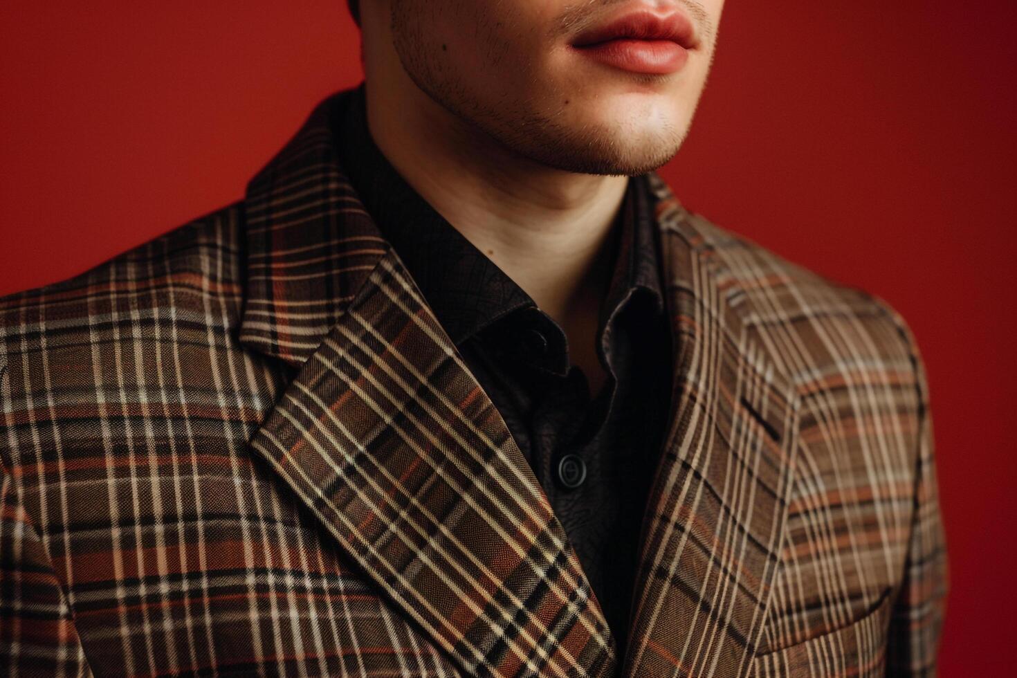 Stylish male fashion model in retro blazer male dress with classic pinstripe male background blendinglifestyle Males portrait and fashion eleMalets with a chic and costume touch photo