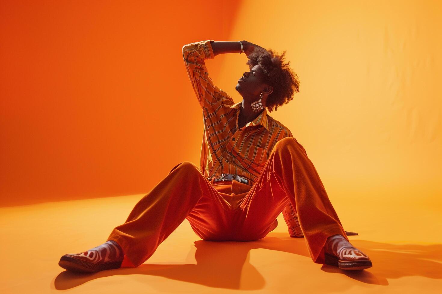 Dapper male fashion model in retro pants male dress withtangerine male background combininglifestyle Males portrait and fashion style with a chic and costume appearance photo