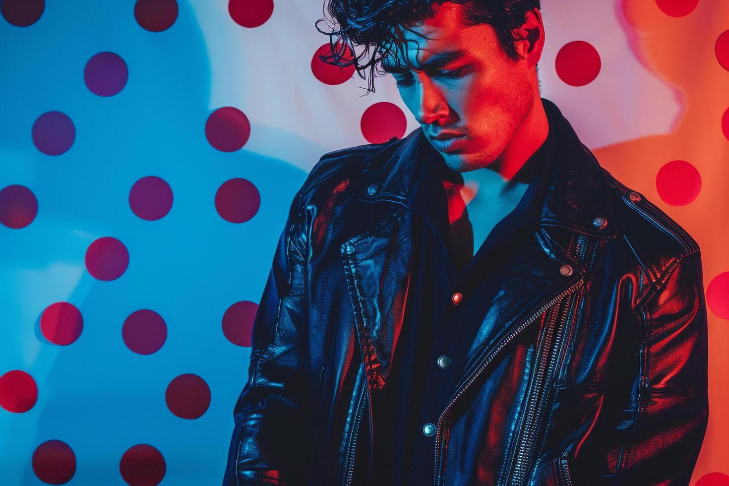 costume male fashion model in vintage leather jacket male dress with retro polka dot male background blendinglifestyle Males fashion and portrait style with a chic and costume appearance photo