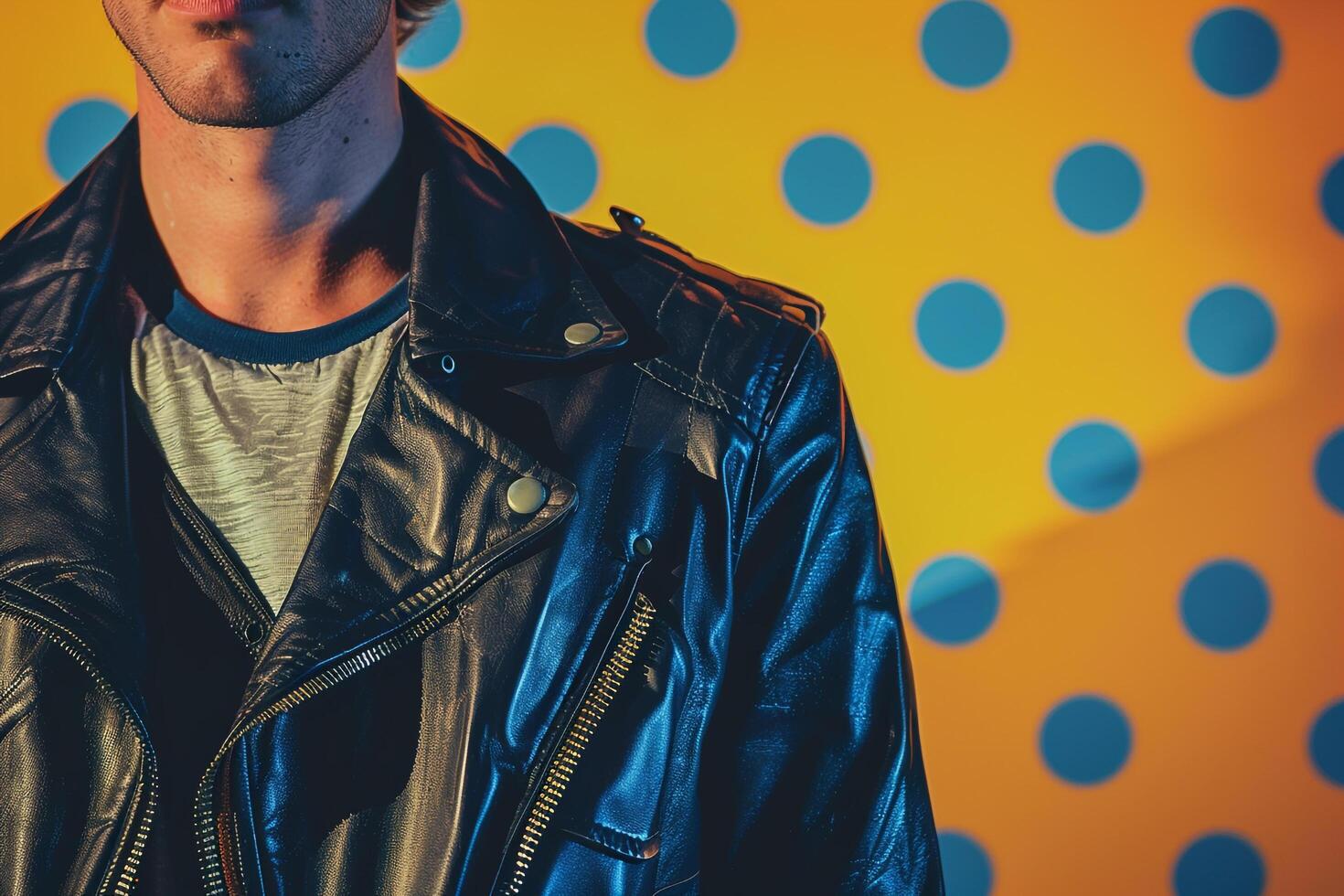 vintage leather jacket male dress with retro polka dot male background reflectinglifestyle Males fashion and portrait style with a chic and stylish look photo
