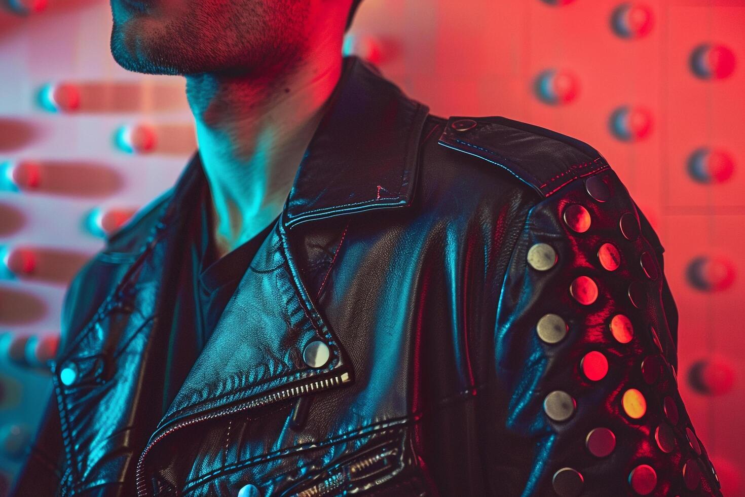 Stylish male fashion model in vintage leather jacket male dress with retro polka dot male background showcasinglifestyle Males fashion and portrait style with an costume and costume touch photo