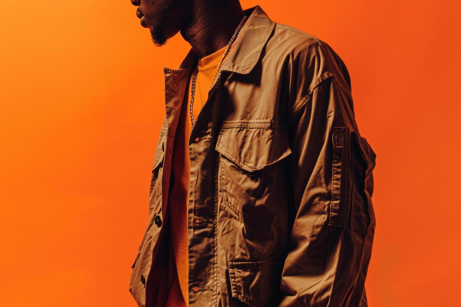 Stylish Male Fashion Model in Vintage Jacket with Orange Background Chic and Trendy Look Combining Lifestyle Males Fashion and portraiture photo