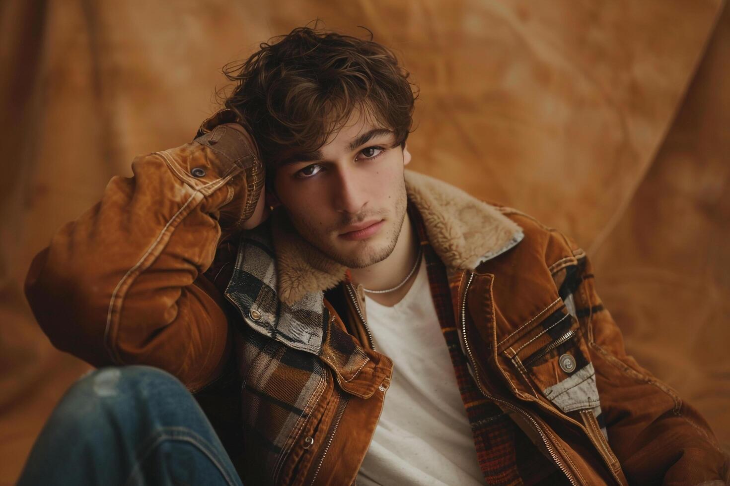Vintage Jacket with Brown Sugar Background Lifestyle Fashion and portrait eleMalets Highlighted photo