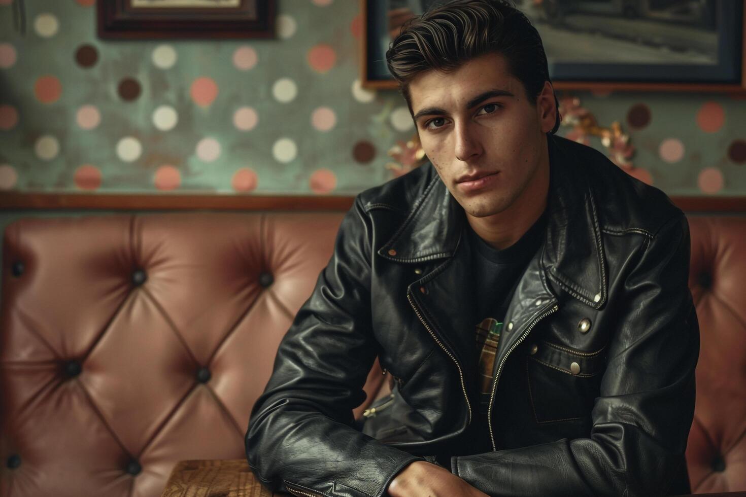 Vintage leather Jacket with Retro polka Dot Background emphasizing Lifestyle and portrait Style photo