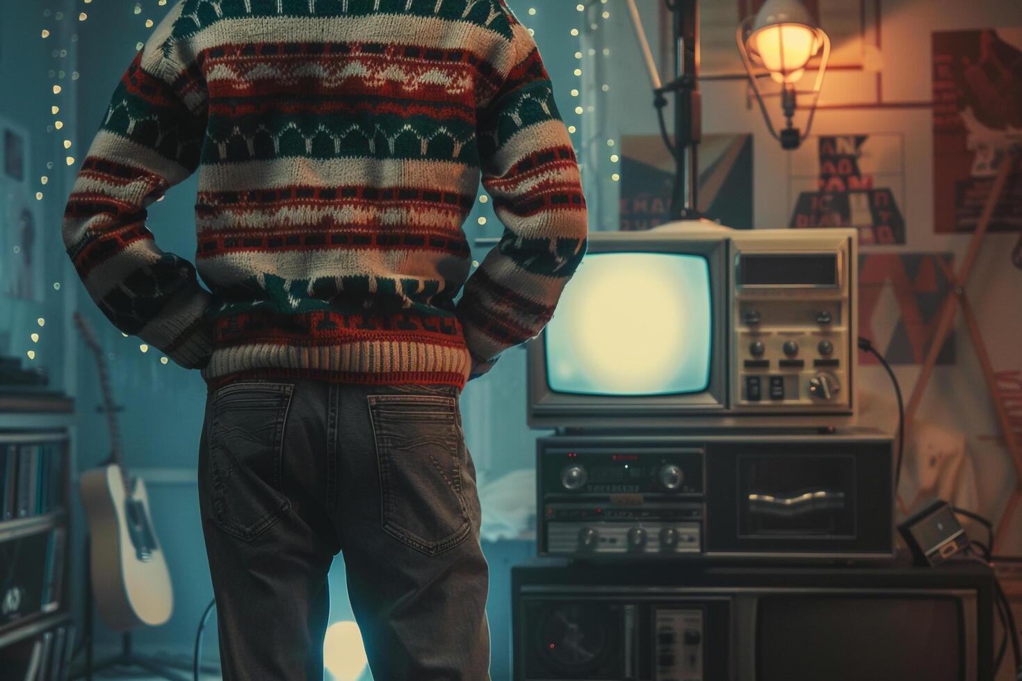 Chic Male Model in Vintage Sweater with Retro TV Screen Background Showcasing Lifestyle and Fashion portraiture photo