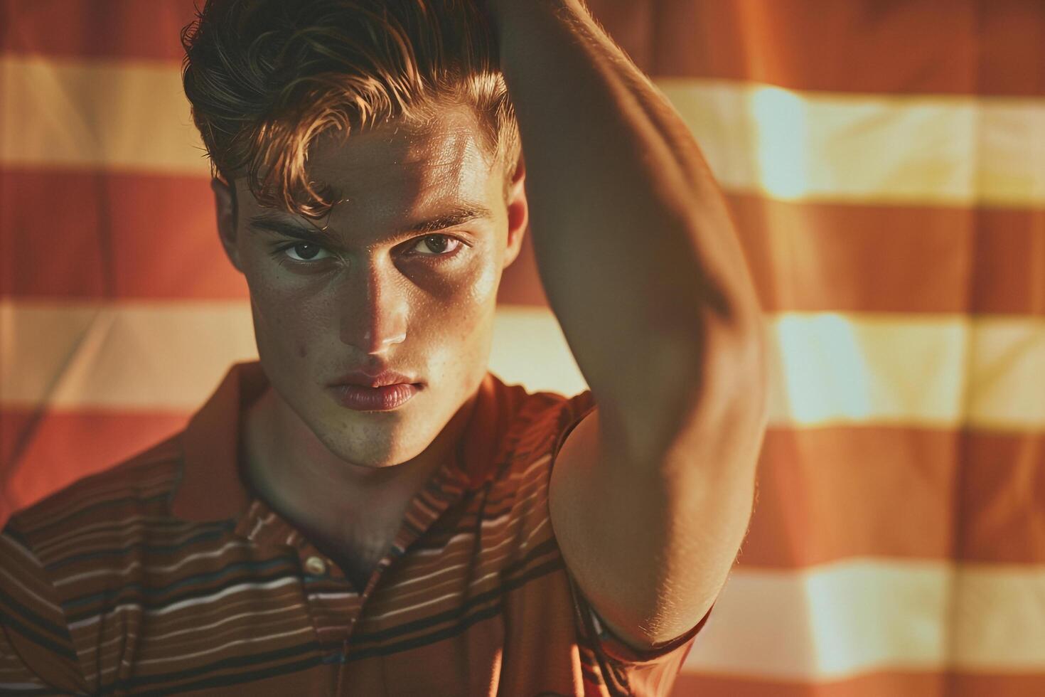Fashionable Male Model in Vintage polo with Retro Stripes Background emphasizing Lifestyle Fashion and portrait Style photo