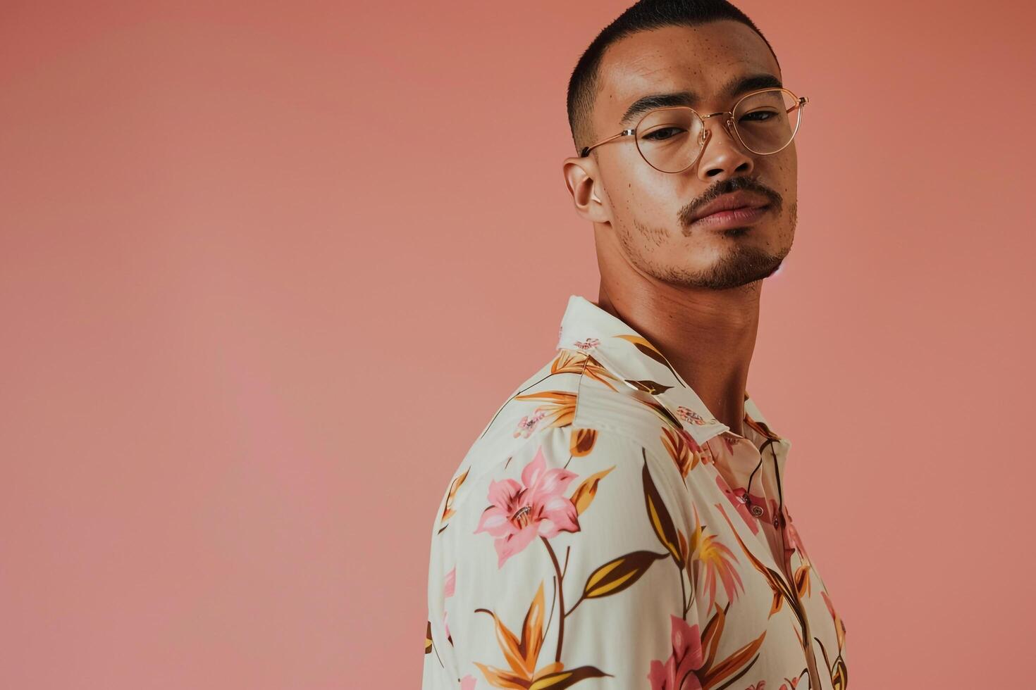 Fashionable Male Model in Vintage Shirt with pastel pink Background Showcasing Lifestyle and Fashion portrait eleMalets photo