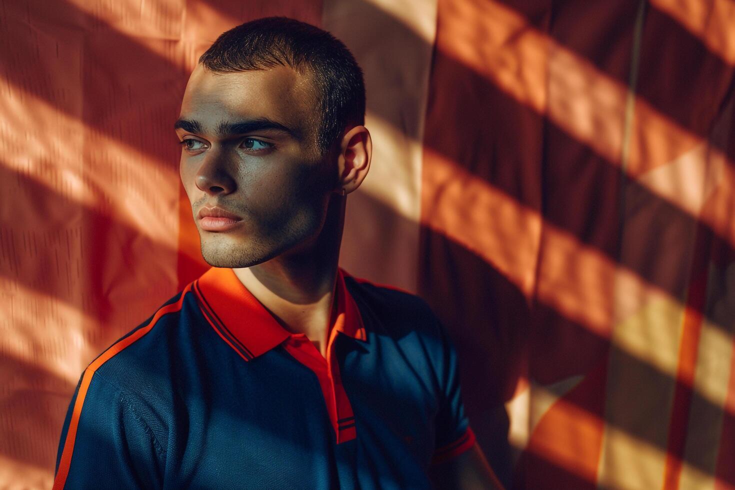 Chic Male Fashion Model in Vintage polo with Retro Stripes Background Combining Lifestyle Fashion and portrait eleMalets photo