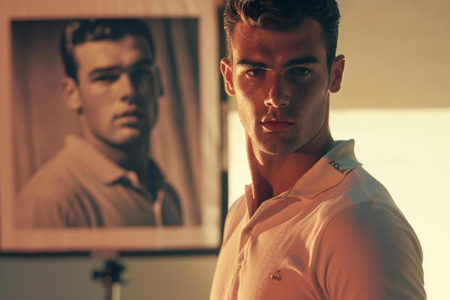 Stylish Male Model in Vintage polo with Classic Film poster Background Highlighting Fashion and Lifestyle portrait Style photo