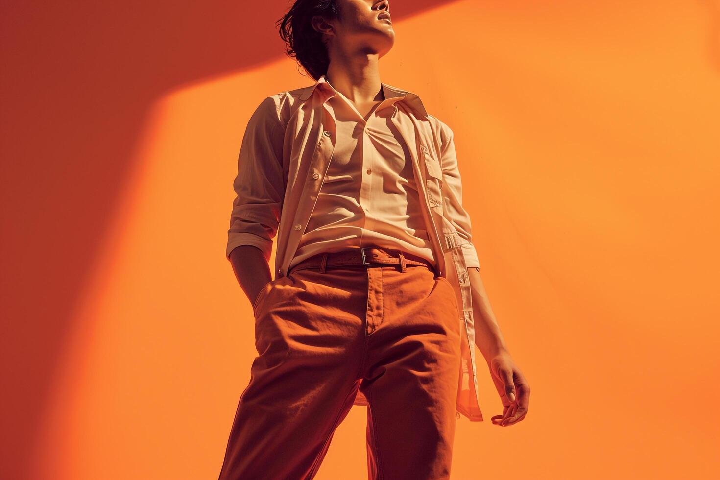 Stylish Male Model in Vintage Cardigan with Rust Background Showcasing Contemporary Fashion and Lifestyle portrait eleMalets photo