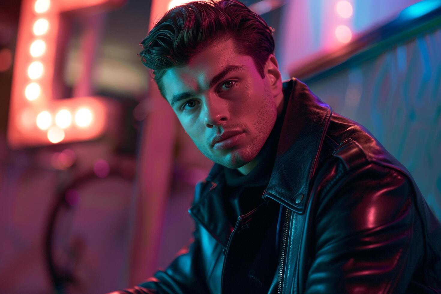 Trendy Male Model in Vintage leather Jacket with Retro Neon Lights Background Highlighting Fashion and Lifestyle portrait eleMalets photo