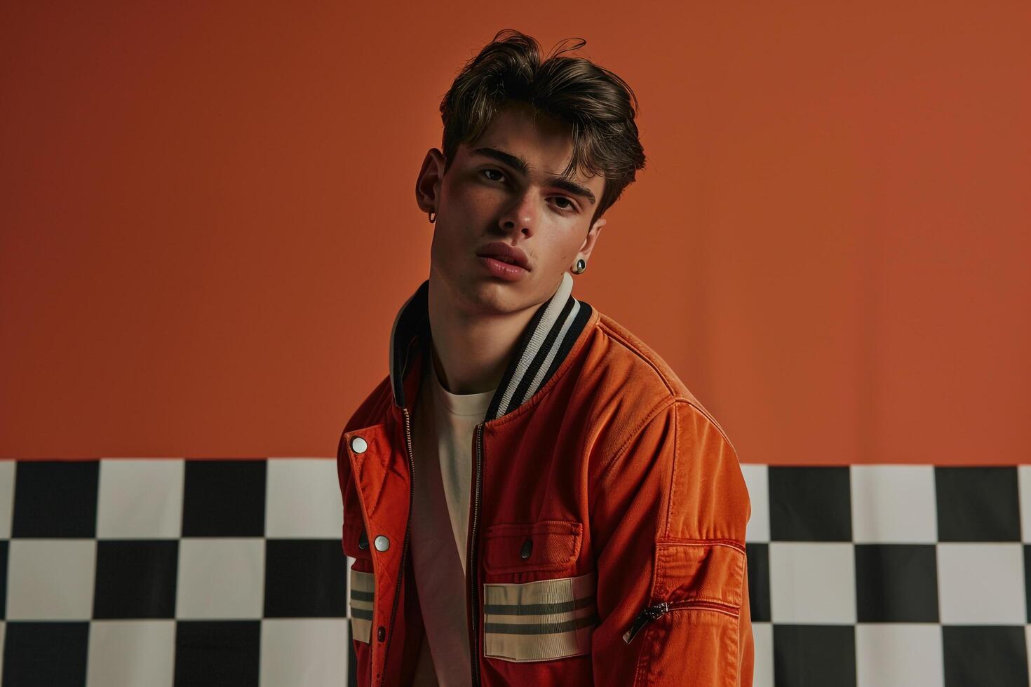 vintage varsity jacket with a retro checkered background highlighting contemporary fashion and a dynamic lifestyle for Male photo