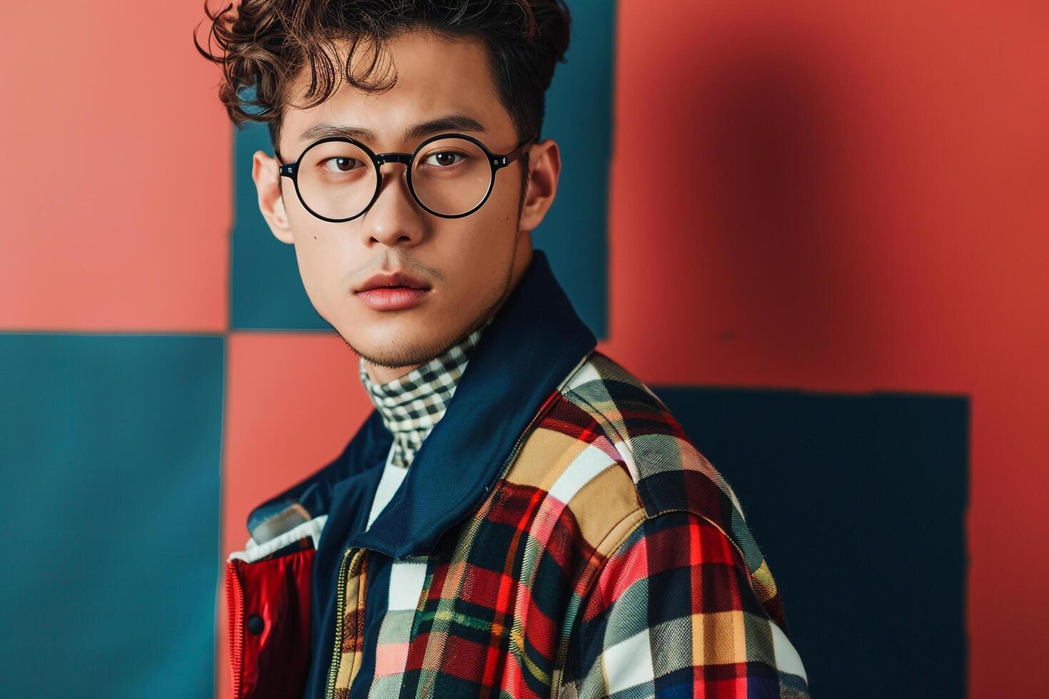 vintage varsity jacket with a retro checkered background highlighting classic fashion and a sporty lifestyle for a chic appearance photo