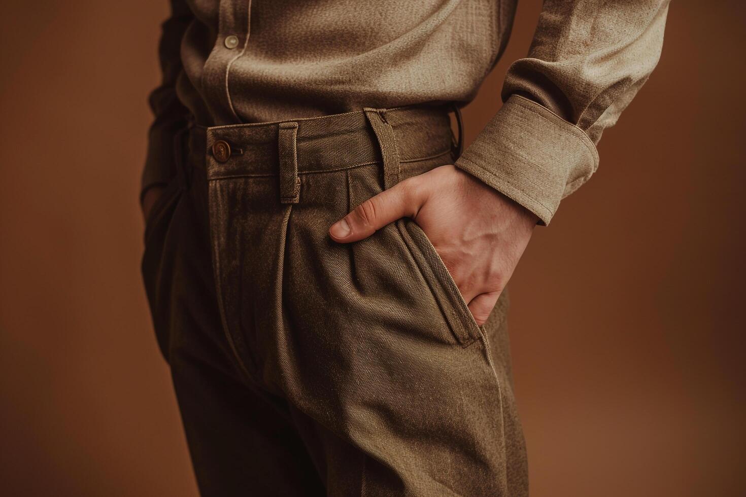 Stylish male fashion model in vintage pants with an earth brown background showcasing classic fashion and a costume lifestyle for a timeless Males look photo