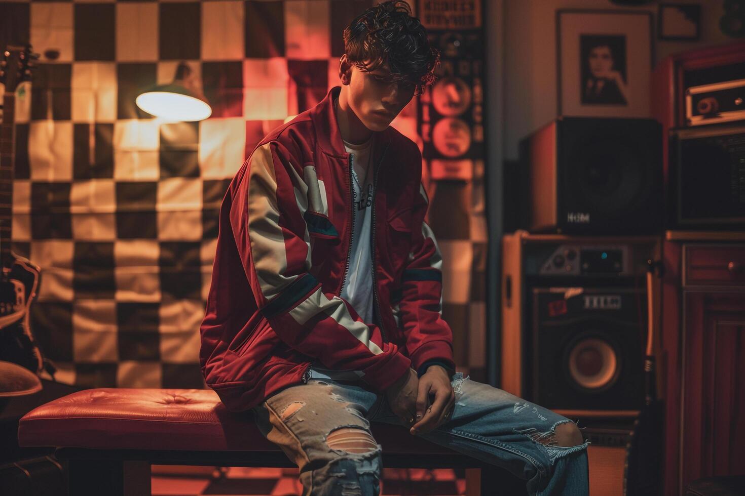 Male fashion model in a vintage varsity jacket with a retro checkered background emphasizing classic fashion and a stylish lifestyle for a timeless Males look photo