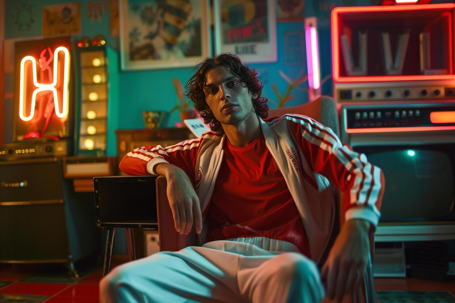 Male fashion model in a classic tracksuit with retro neon signs emphasizing contemporary fashion and a sporty lifestyle for a dynamic appearance for Male photo