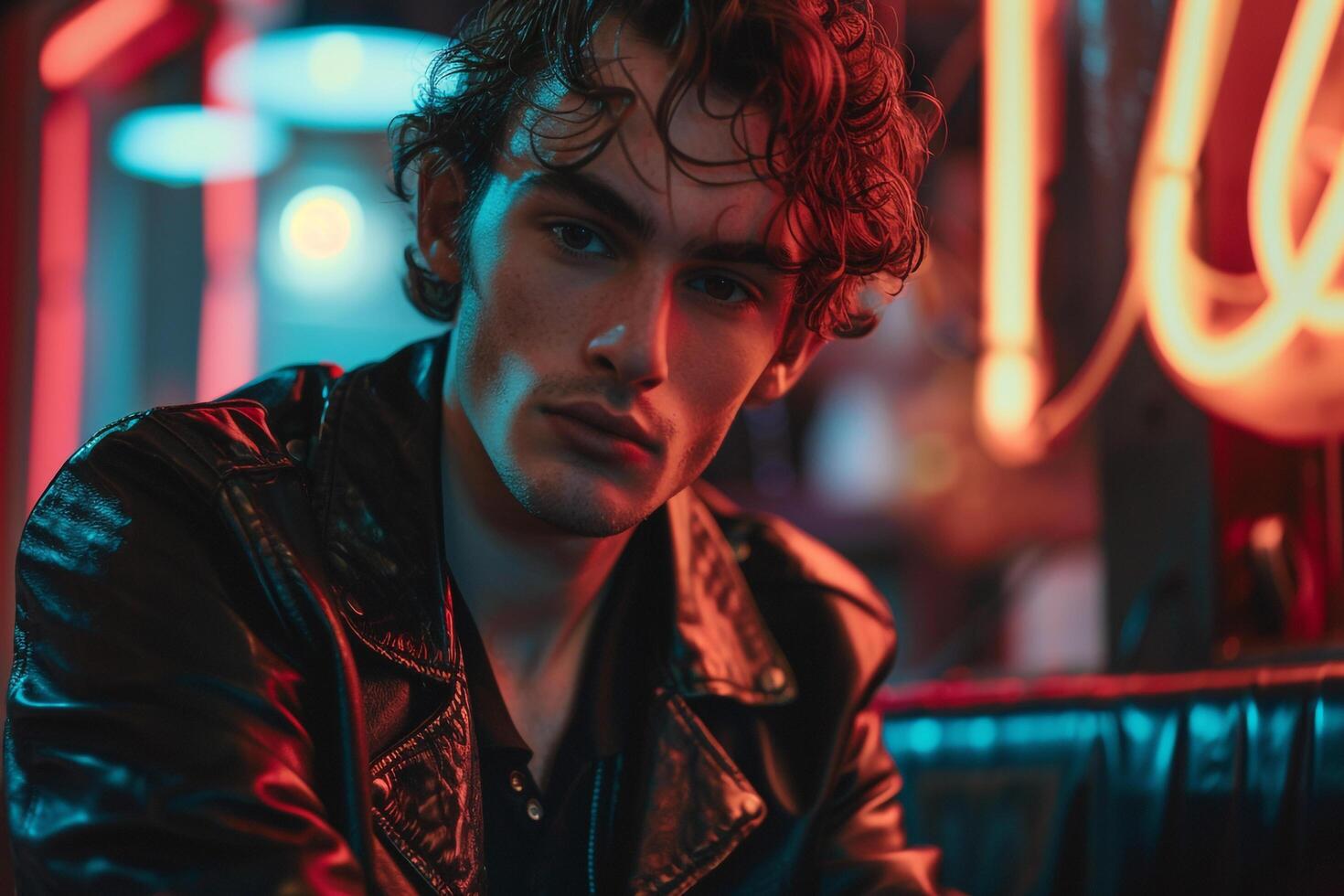Stylish male fashion model in a vintage leather jacket with retro neon lights showcasing edgy fashion and a vibrant lifestyle for a bold dynamic appearance photo