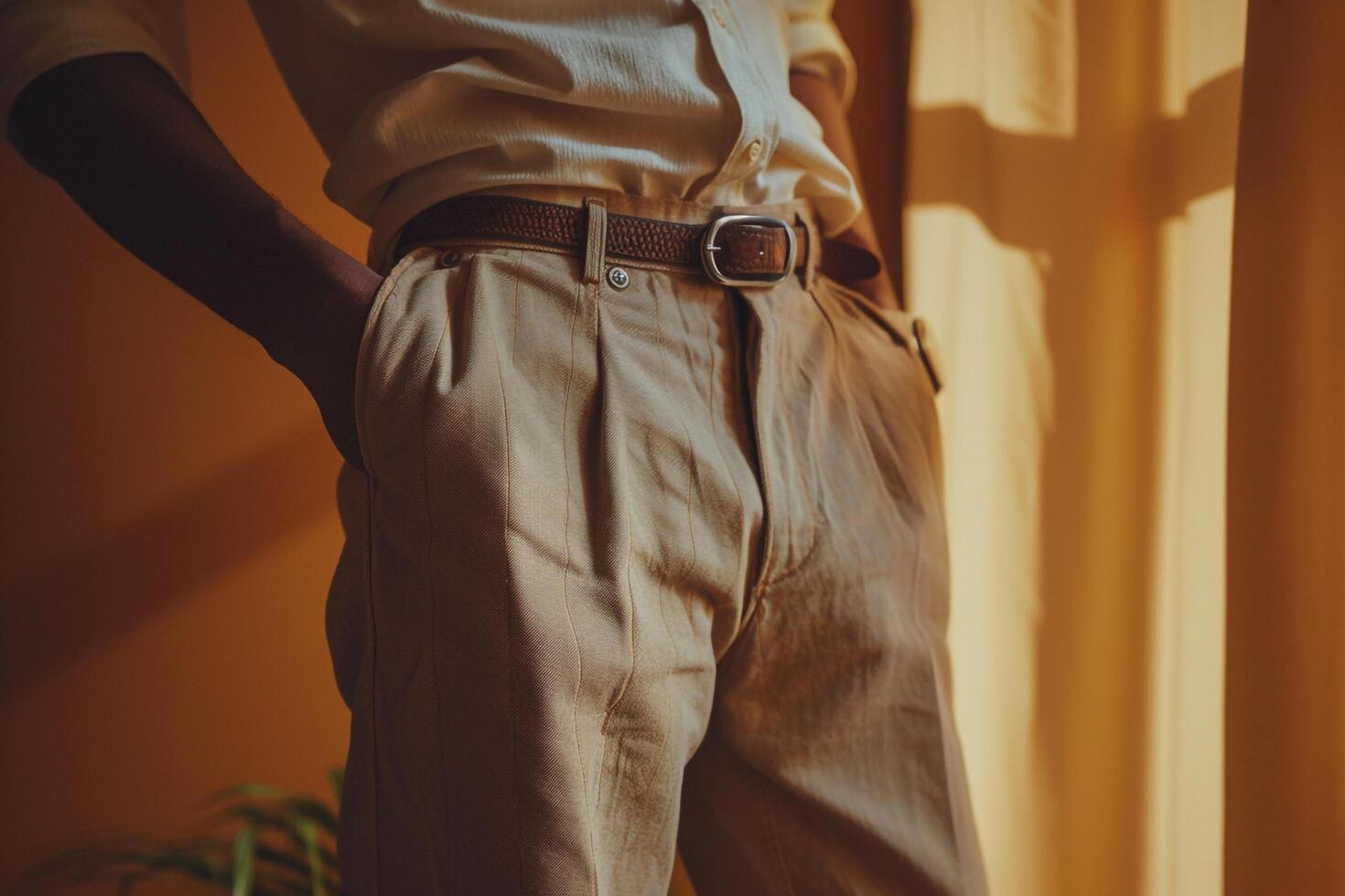 Fashionable male model in vintage pants with an earth brown background showcasing classic fashion and a timeless lifestyle for a chic elegant appearance photo