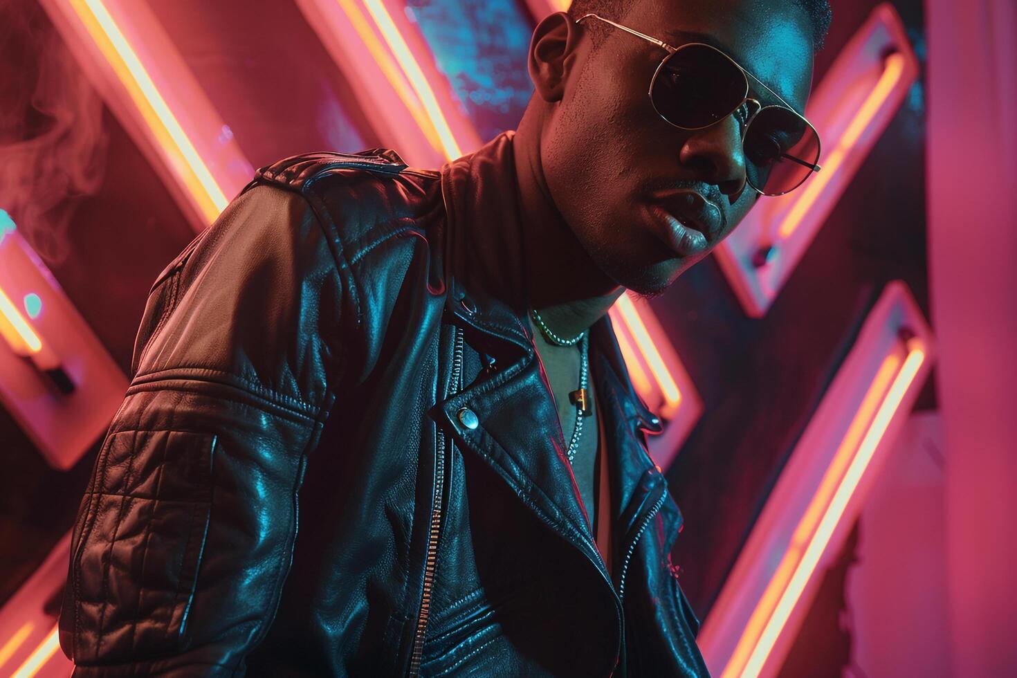 vintage leather jacket with retro neon lights showcasing classic fashion and a casual energetic lifestyle for a chic appearance photo