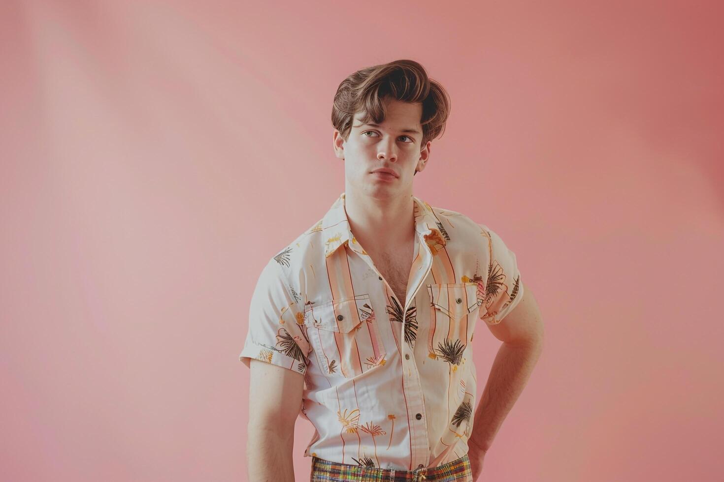 Stylish male fashion model in a vintage shirt with a pastel pink background highlighting classic fashion and a relaxed lifestyle for a chic timeless appearance photo