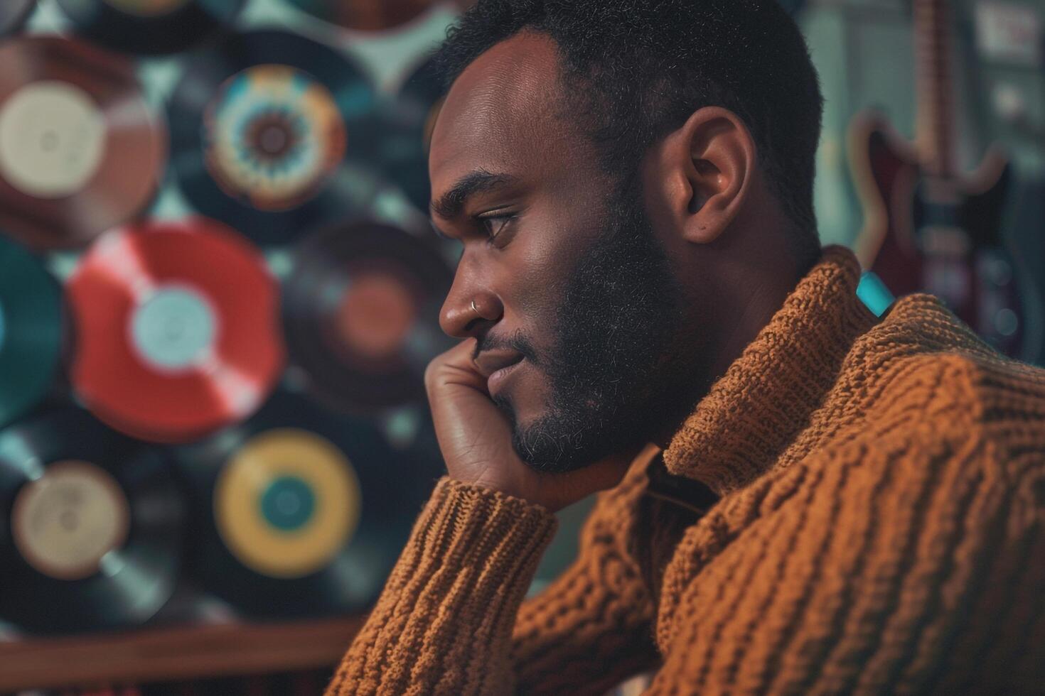 retro sweater with vintage record covers highlighting trendy fashion and a musical lifestyle for a stylish retro appearance photo