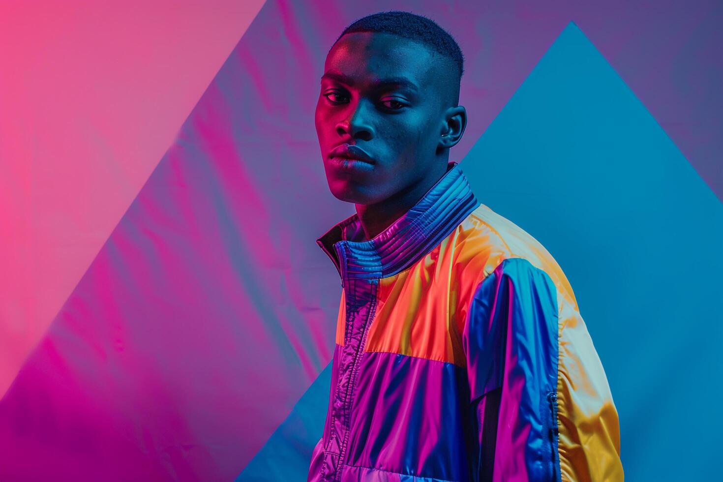 Male fashion model in an 80s style windbreaker with neon geometric background Showcasing bold fashion and a retro lifestyle with vibrant energetic style photo