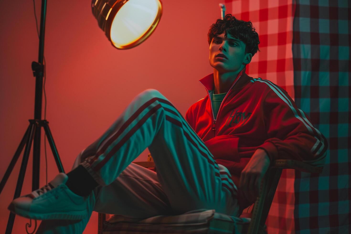retro tracksuit with classic plaid background Showcasing a stylish sporty classic lifestyle with vintage charm photo