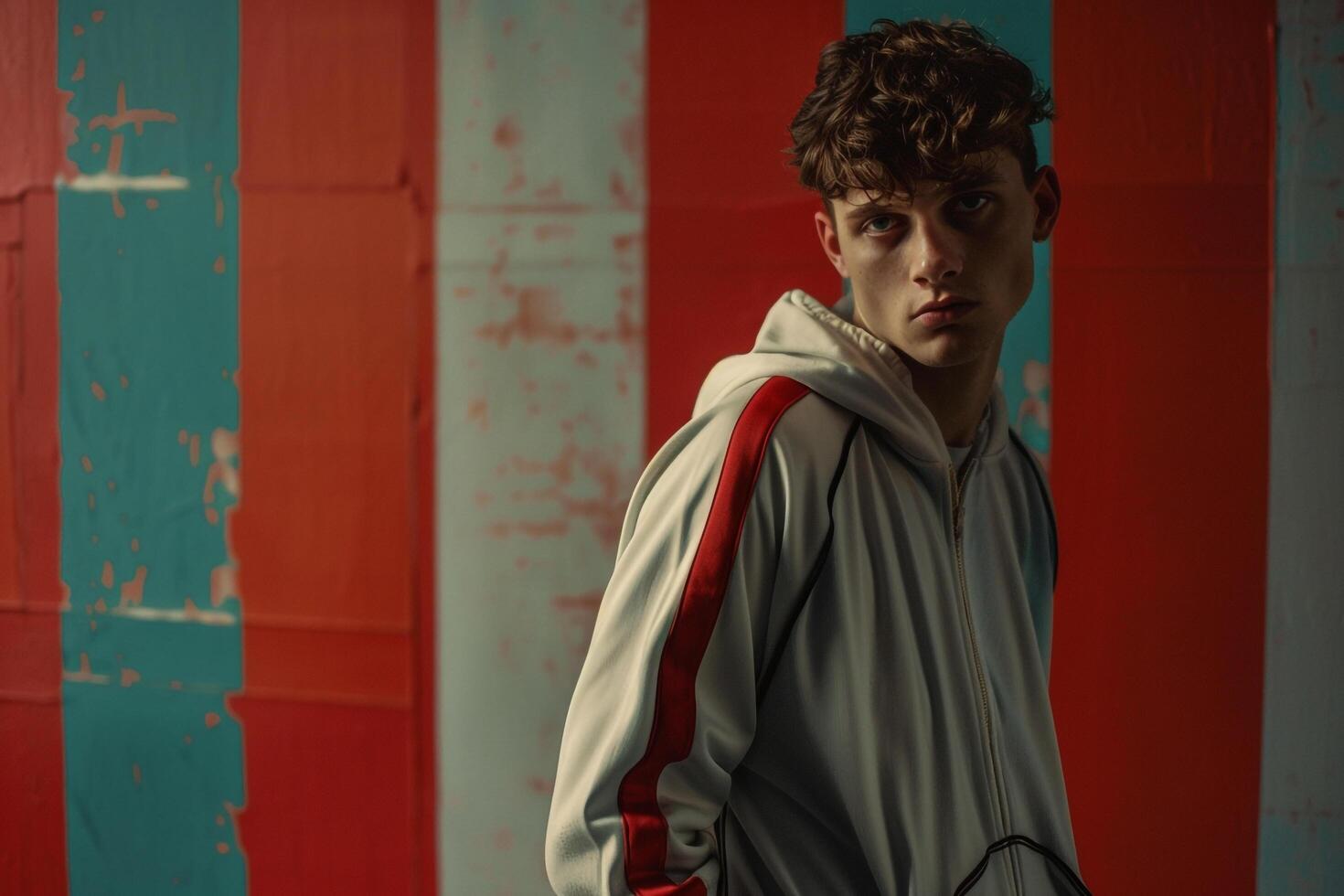 vintage track jacket with retro stripes background Showcasing classic 80s style and a vintage lifestyle with flair photo