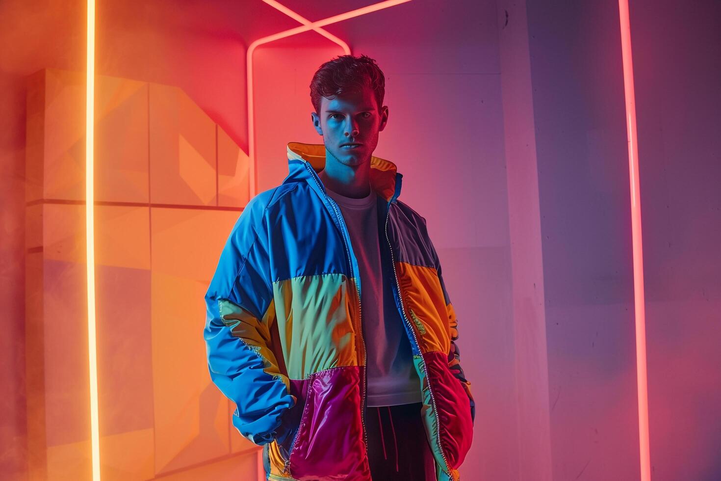 Handsome male model in an 80s style windbreaker with a hot pink background Showcasing bold fashion and a retro lifestyle with vibrant energetic style photo