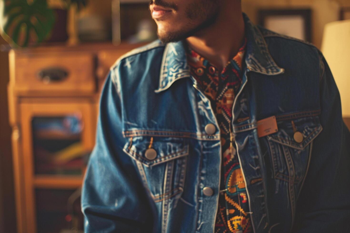 Fashionable male model in a retro denim jacket with a 70s inspired background Showcasing vintage style and classic charm with a stylish touch photo