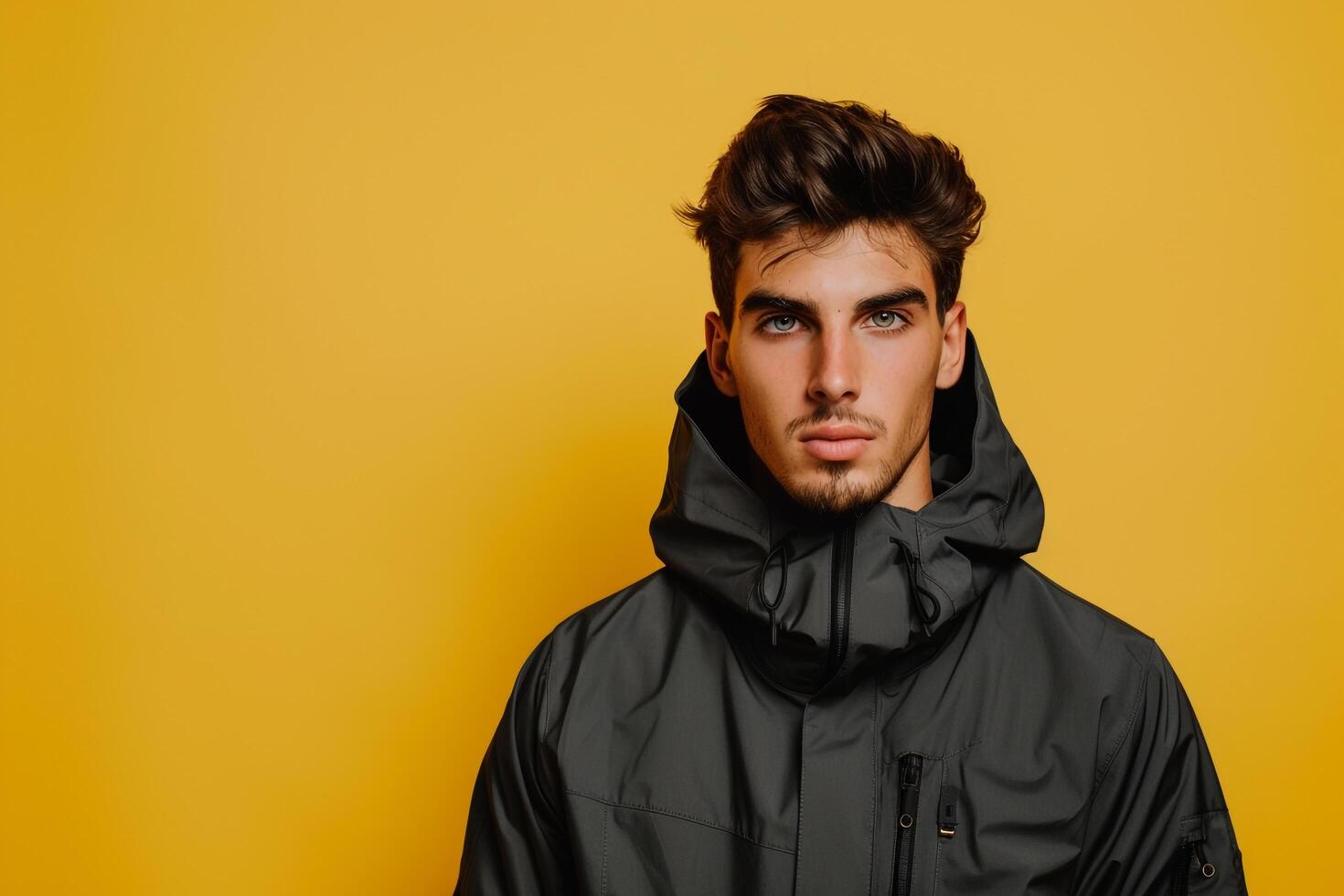 Fashionable male model in a perforated jacket with a bright yellow background Highlighting contemporary style and vibrant design with a stylish touch photo