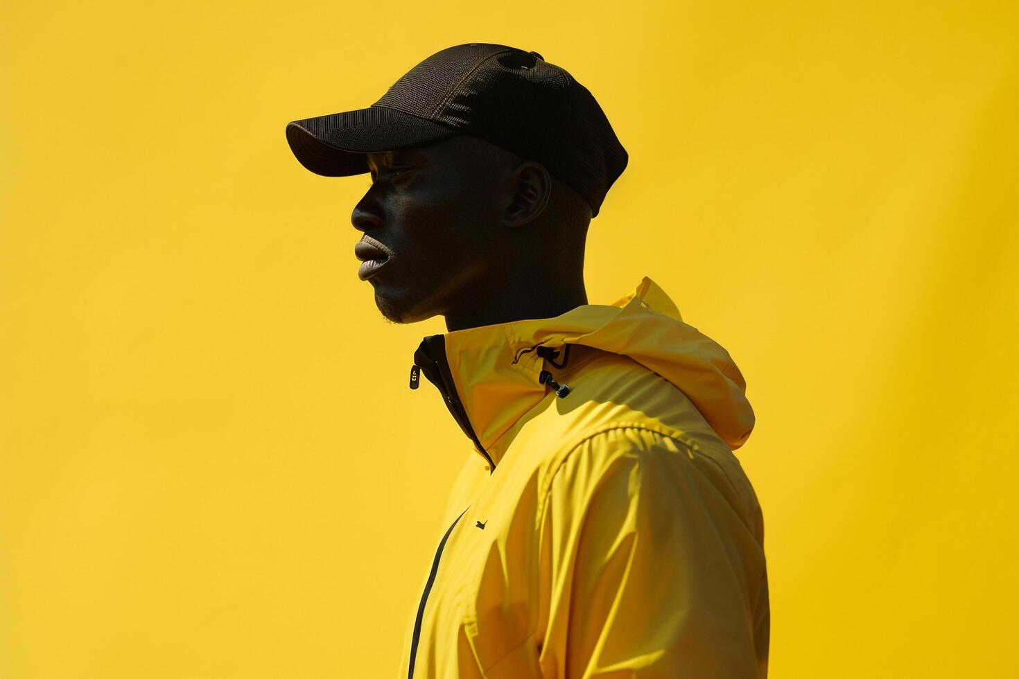 Stylish male model in a perforated jacket with a bright yellow background Showcasing contemporary style and vibrant design with a modern edge photo