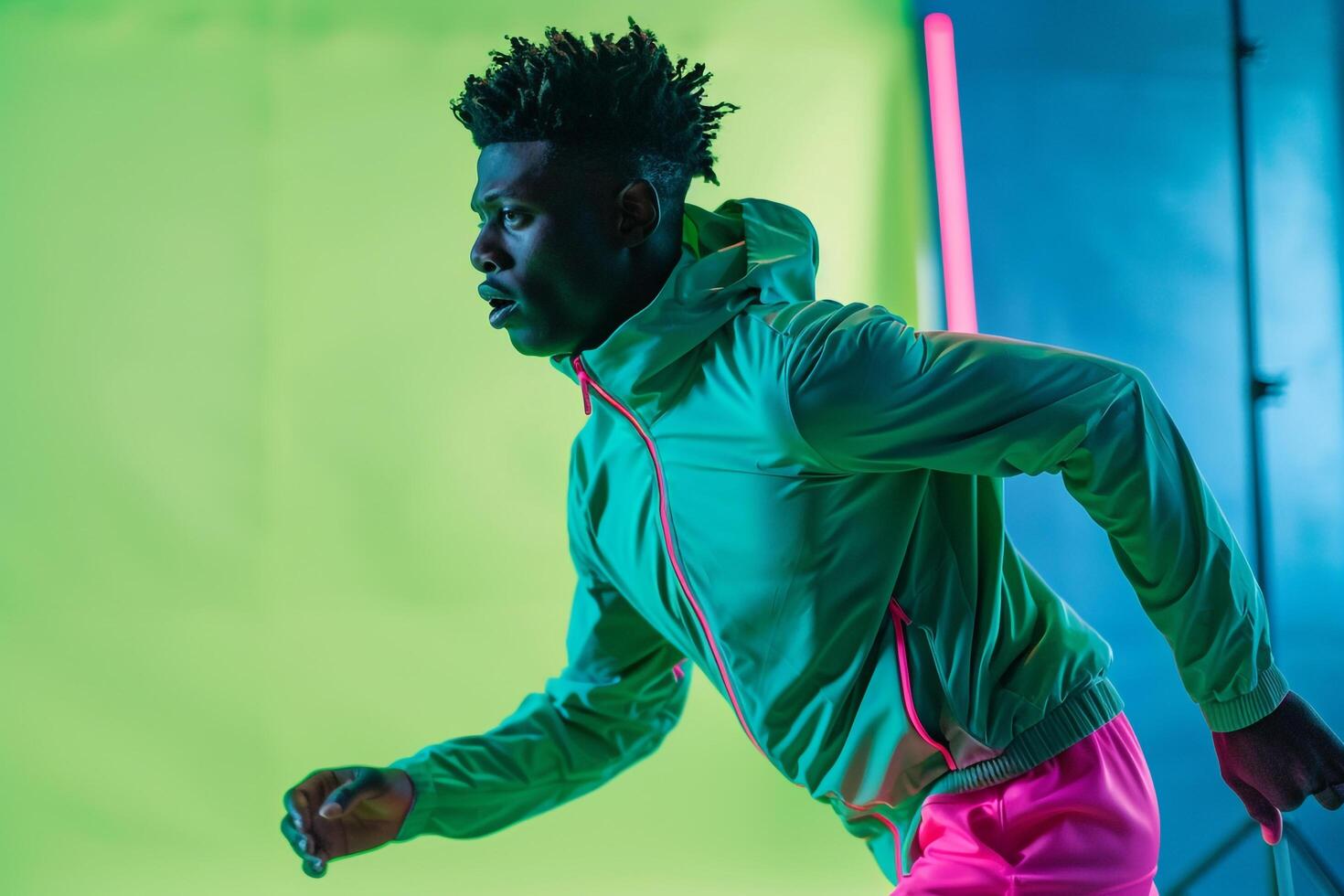 Handsome male model in an athletic tracksuit with a neon green background Showcasing sporty style and vibrant design with a dynamic modern look photo