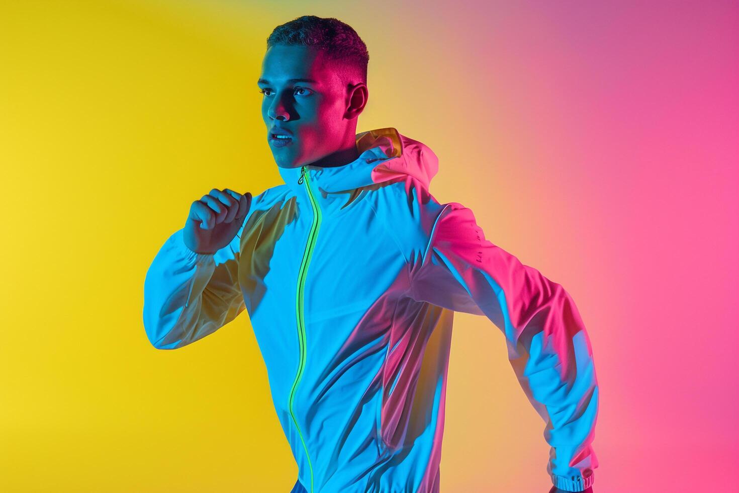 Fashionable male model in perforated gear with a clothing gradient background Highlighting modern athletic style and vibrant design with a chic touch photo