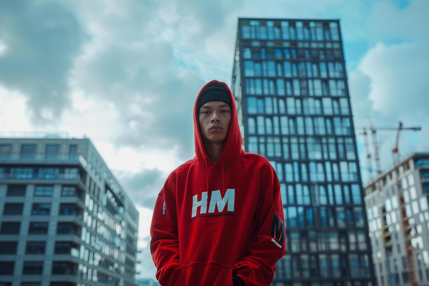 Trendy male fashion model in a graphic hoodie featuring an urban cityscape backdrop Ideal for showcasing stylish and modern looks in contemporary fashion portraits photo
