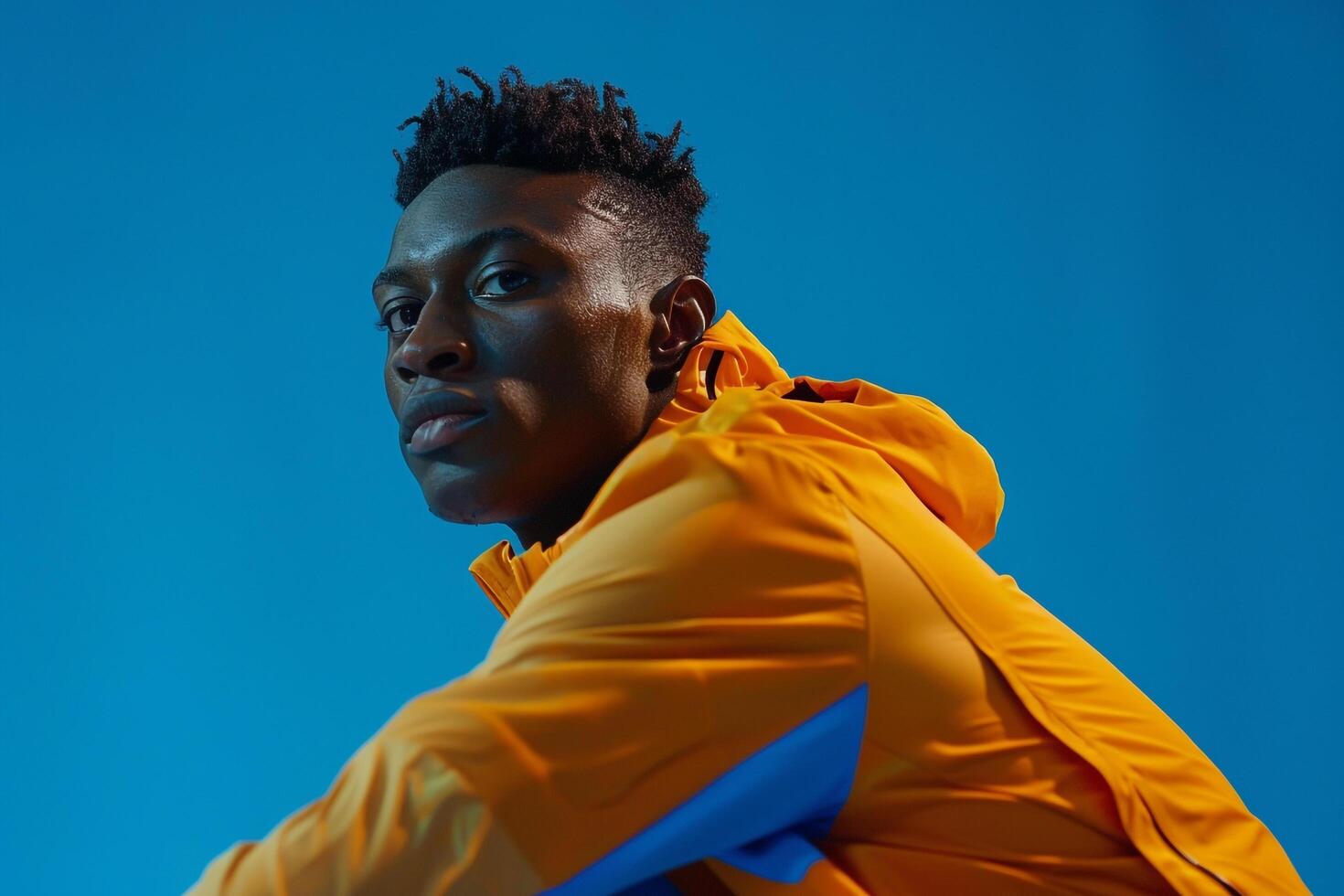 Trendy male fashion model in gradient blue sportswear highlighted by a modern lifestyle background perfect for contemporary fashion portraits with a sporty edge photo