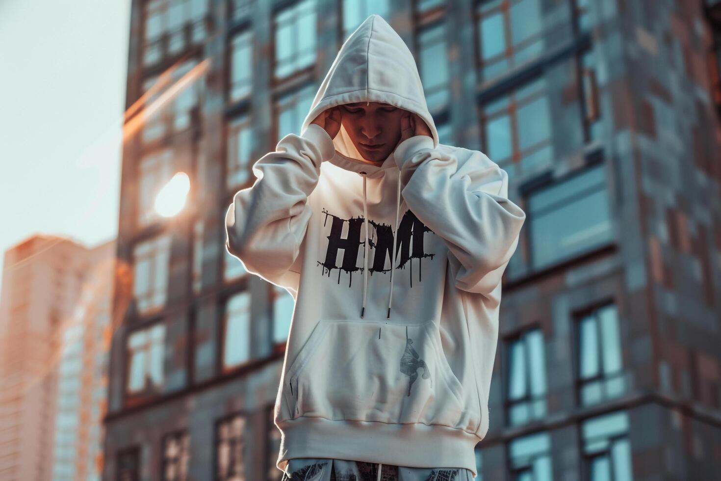 Urban fashion portrait of a handsome male model in a graphic hoodie set against a cityscape background perfect for highlighting trendy and contemporary Males fashion photo
