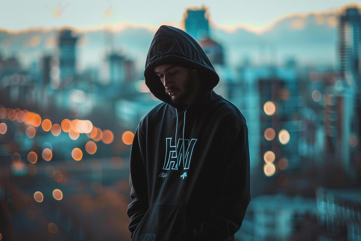 graphic hoodie with an urban cityscape background perfect for showcasing trendy and modern fashion styles in a stylish portrait photo