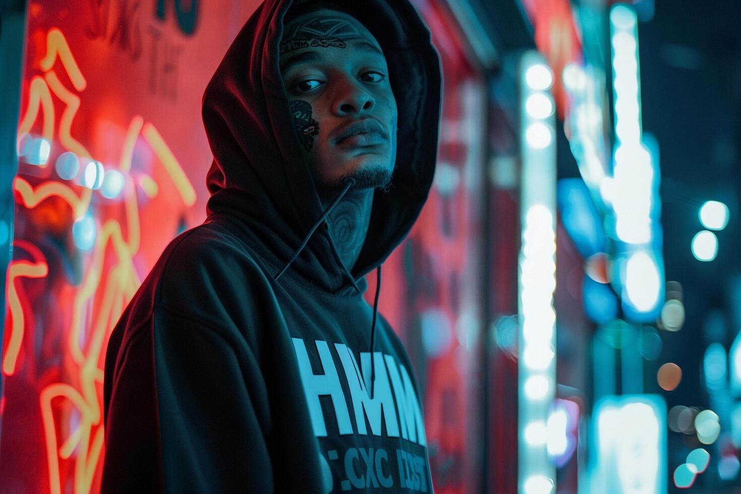 Trendy male fashion model in a graphic hoodie featuring an urban cityscape backdrop perfect for highlighting modern and stylish looks in contemporary fashion portraits photo