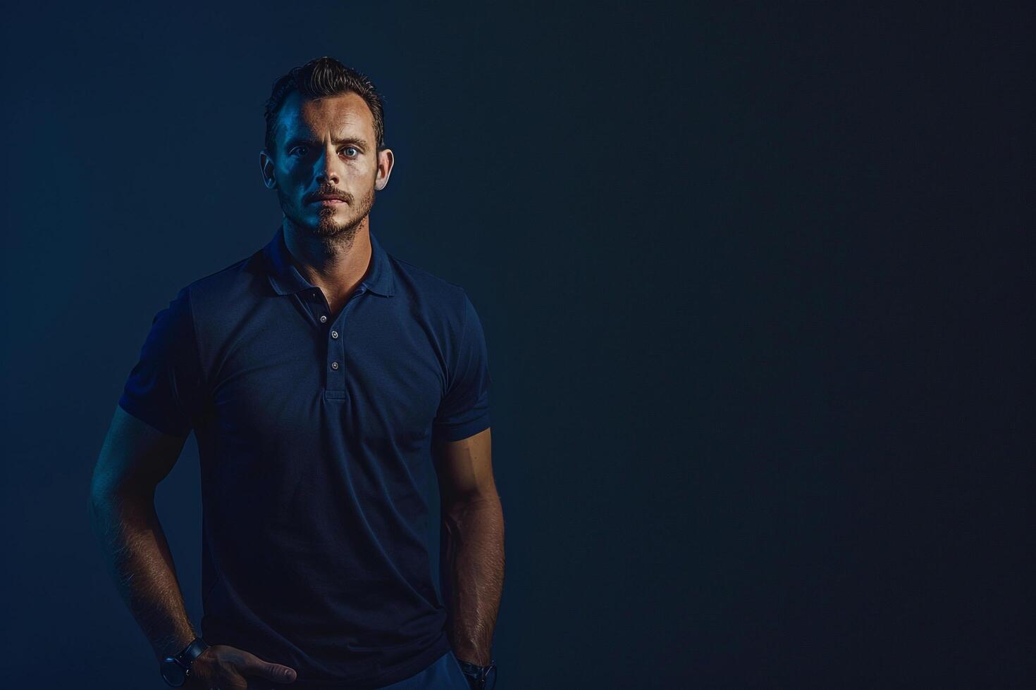 Fashion forward male model in a rich navy polo shirt with a stylish background Ideal for highlighting classic and sophisticated Males fashion in high quality portraits photo