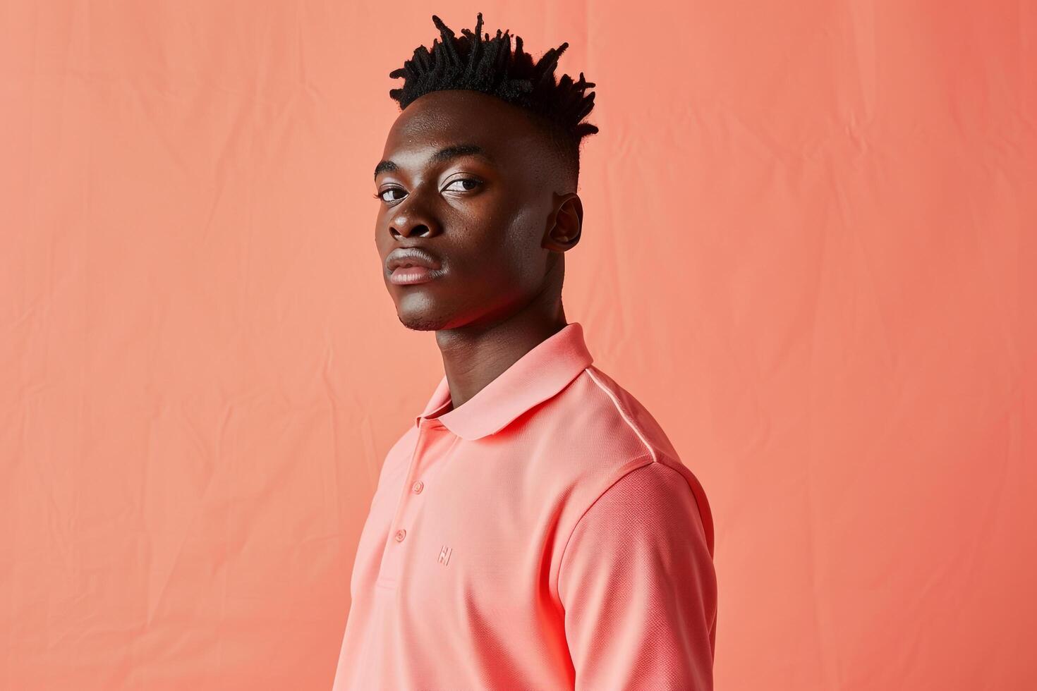 Fashionable male fashion model in a coral pink polo shirt with a stylish lifestyle backdrop Ideal for highlighting modern and sophisticated Males fashion in portraits photo