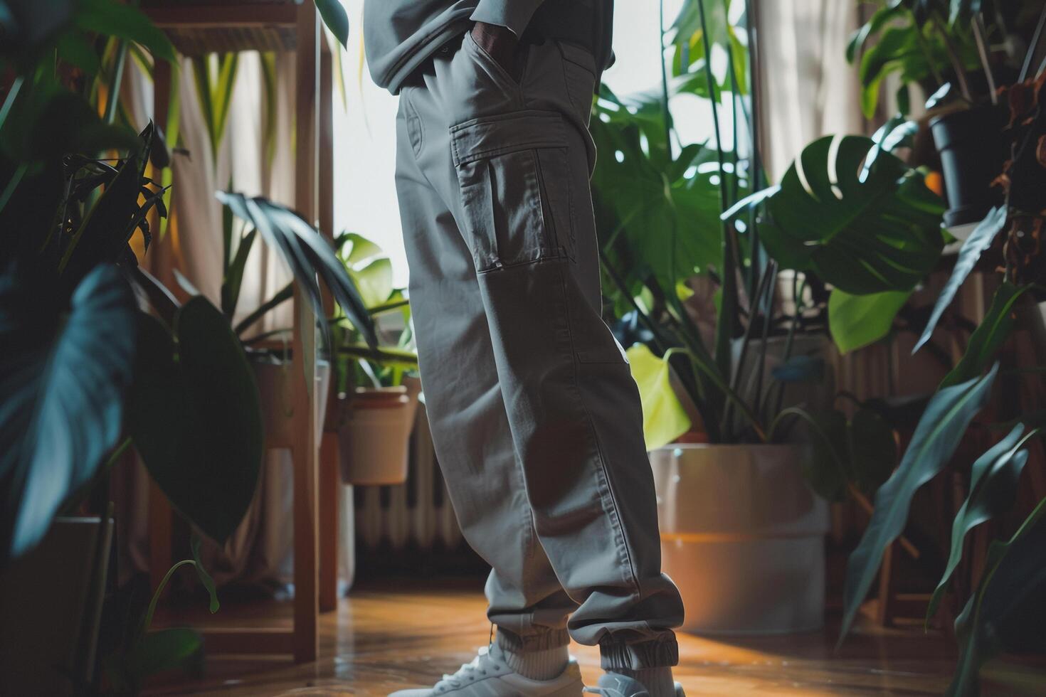 Fashionable male model in cargo pants with an urban jungle backdrop perfect for showcasing trendy and stylish Males fashion with an adventurous edge photo