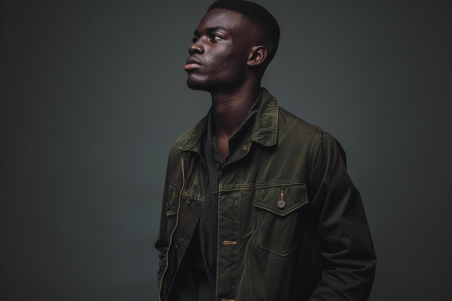 charcoal grey casual jacket set against a stylish background Ideal for highlighting contemporary fashion in high quality portraits photo
