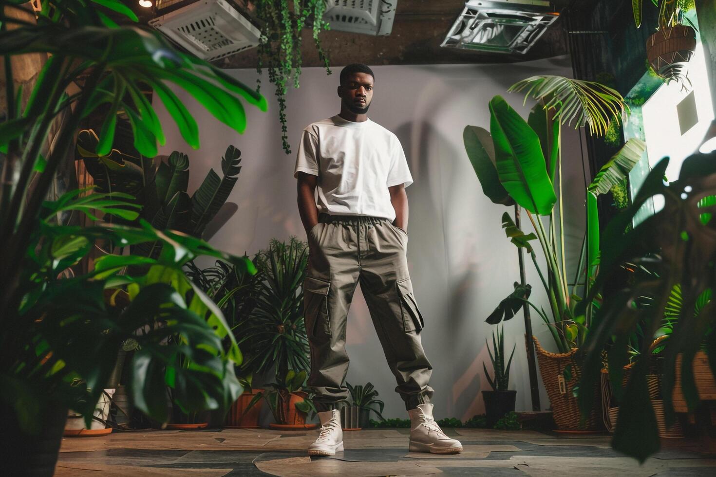 Handsome male model in cargo pants set against an urban jungle backdrop Ideal for showcasing trendy and fashionable Males fashion with a dynamic lifestyle photo
