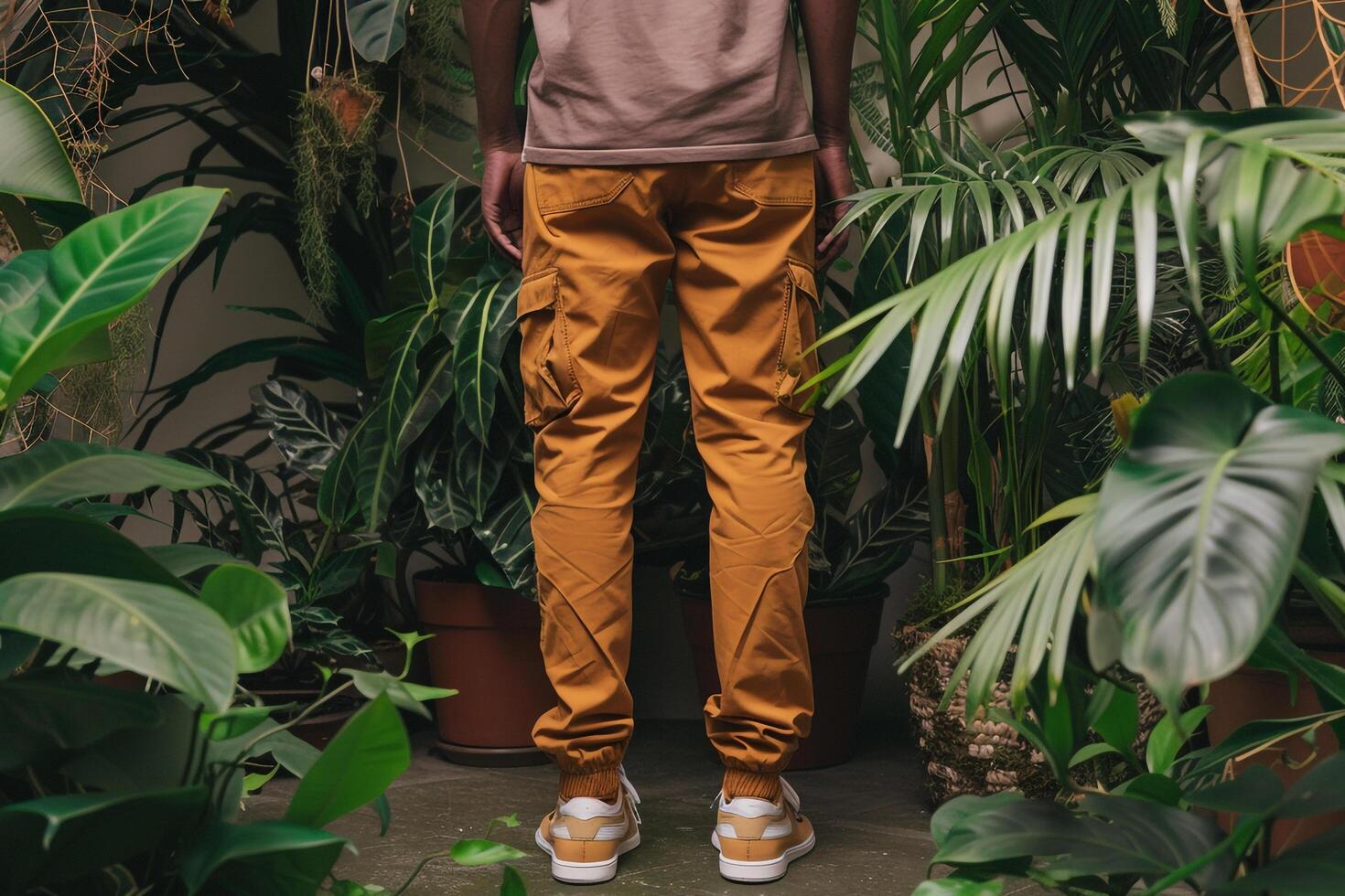 Handsome male model in cargo pants with urban jungle lifestyle Male s fashion portrait featuring a trendy urban background for a stylish look photo