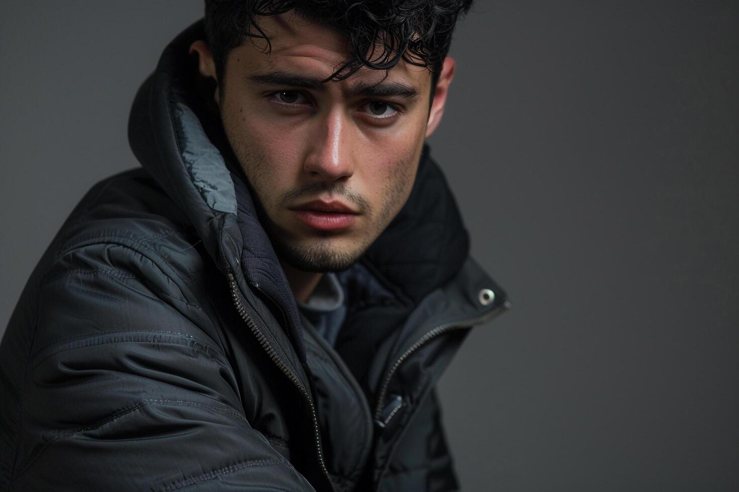 Trendy male model in zip up jacket stylish portrait with modern background capturing contemporary fashion and lifestyle trends photo